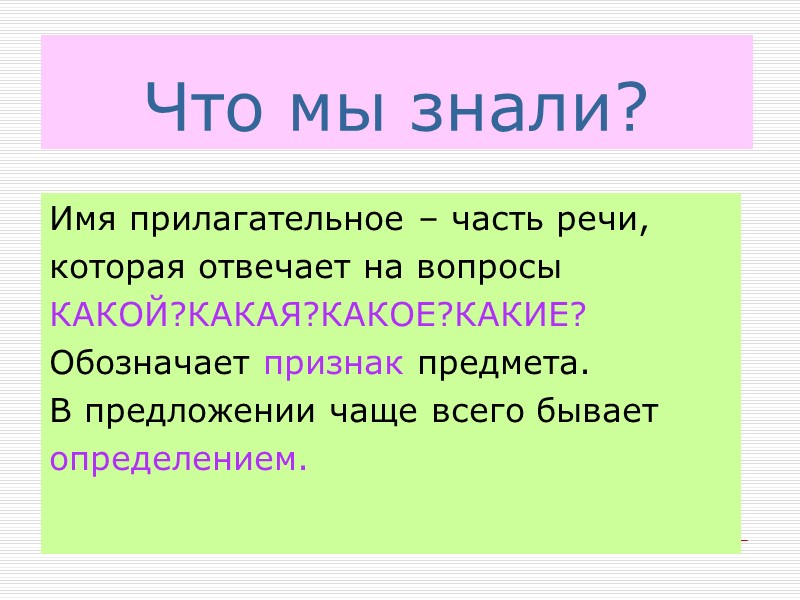 Что мы знали? Имя прилагательное – часть речи, которая отвечает на вопросы КАКОЙ?КАКАЯ?КАКОЕ?КАКИЕ? Обозначает